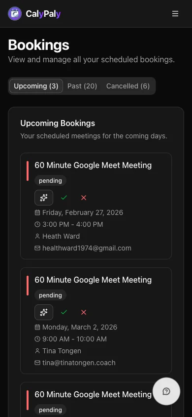 CalyPaly mobile bookings — track upcoming client appointments from your phone