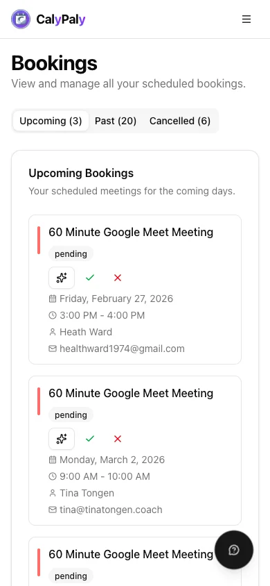 CalyPaly mobile bookings — track upcoming client appointments from your phone