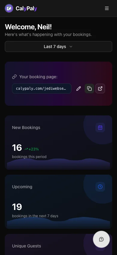 CalyPaly mobile dashboard — manage bookings and track revenue from any smartphone