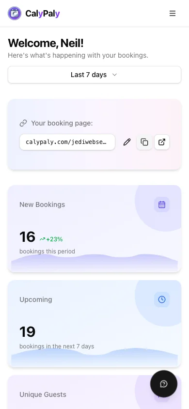 CalyPaly mobile dashboard — manage bookings and track revenue from any smartphone