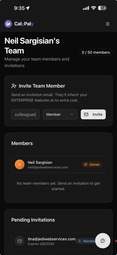CalyPaly mobile team management — invite team members, assign roles, and track pending invitations from your phone