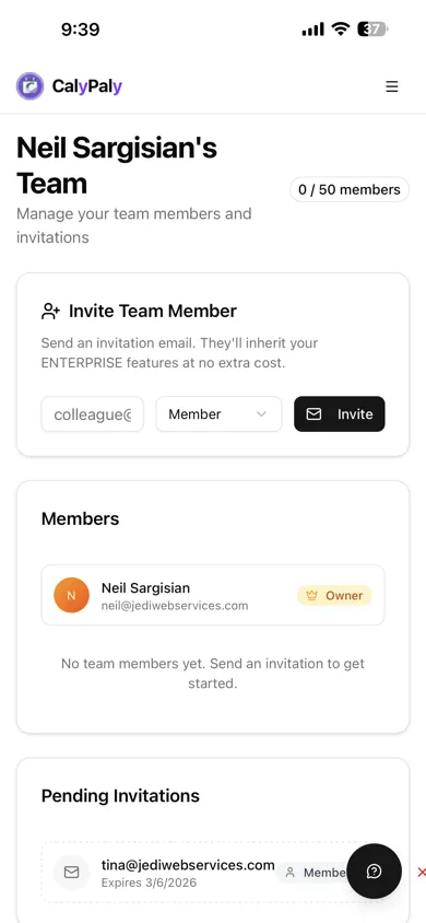 CalyPaly mobile team management — invite team members, assign roles, and track pending invitations from your phone