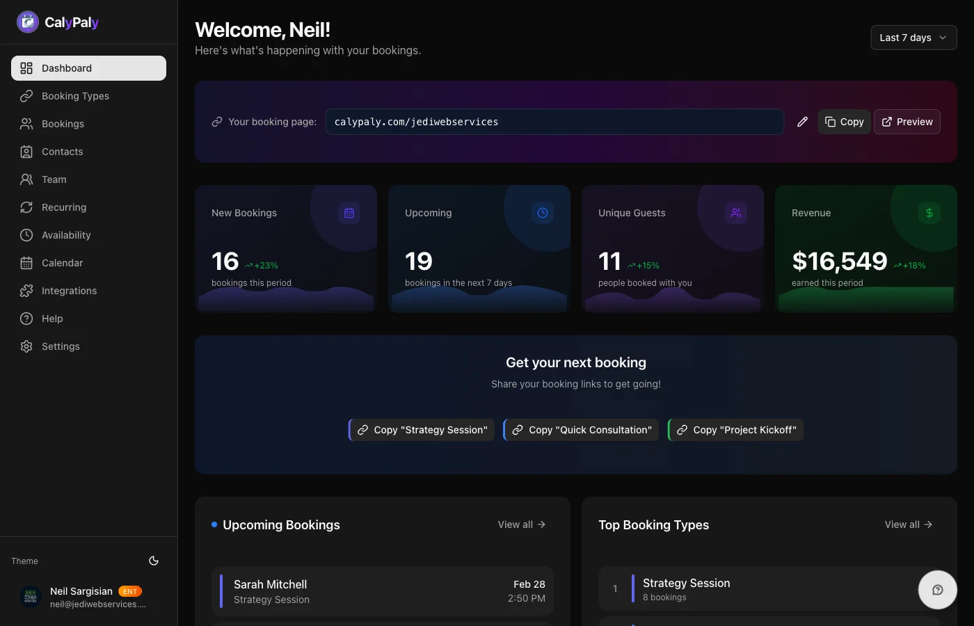 CalyPaly scheduling dashboard with booking analytics, revenue tracking, and upcoming appointments overview
